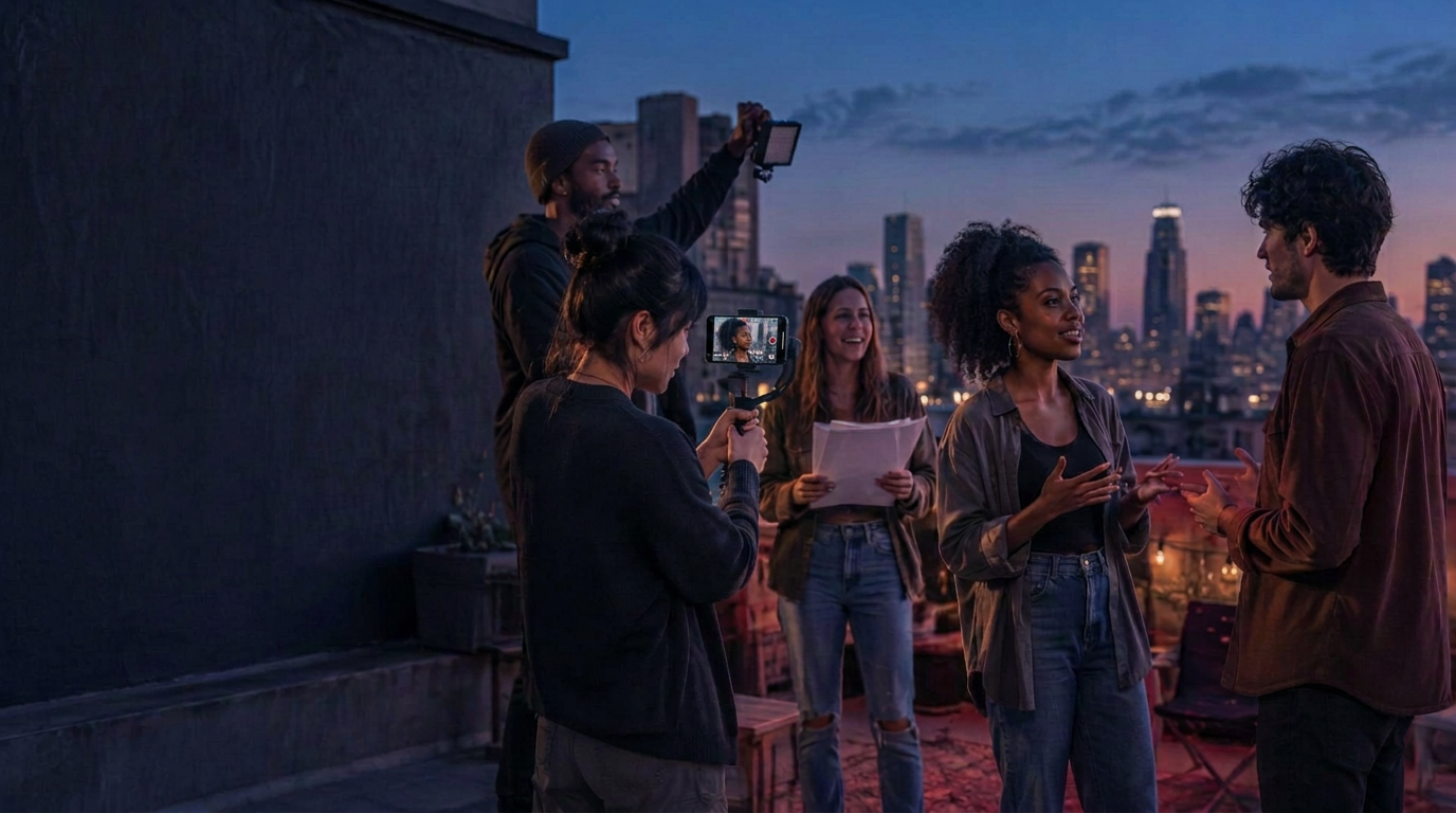 Friends creating a vertical short film together on a rooftop